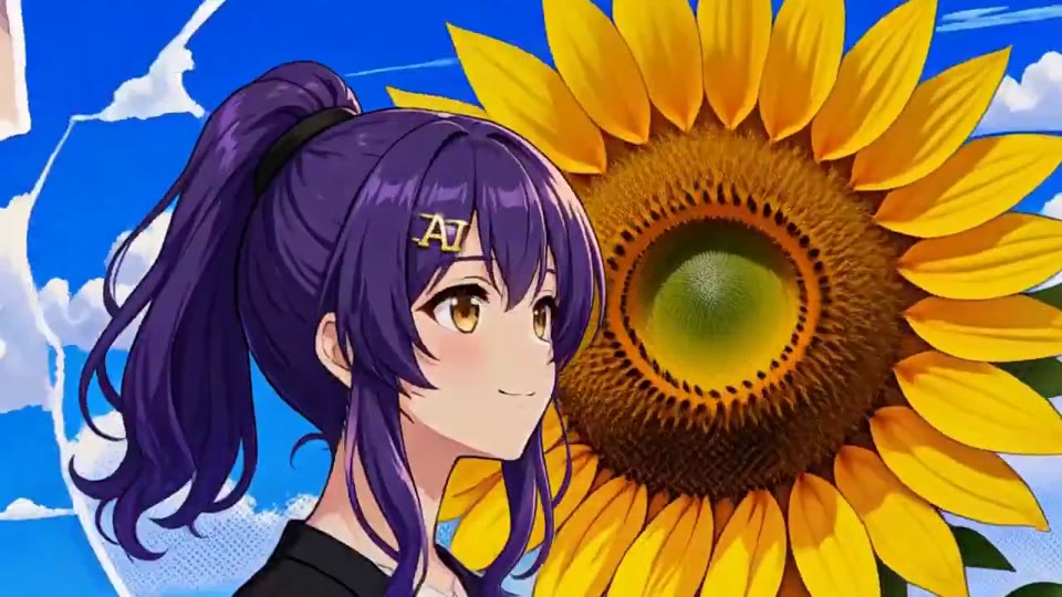 向日葵与紫发角色的花卉拼贴