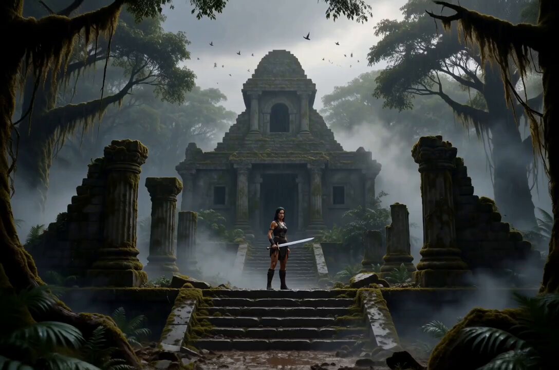 少女持剑对决霸王龙