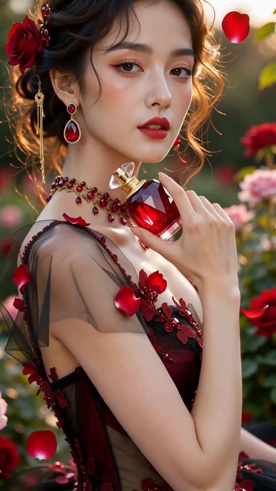 玫瑰花园中的红色礼服人像