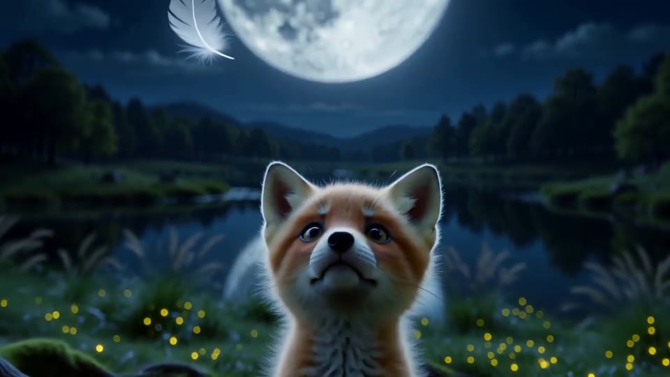 小狐狸仰望湖上的满月