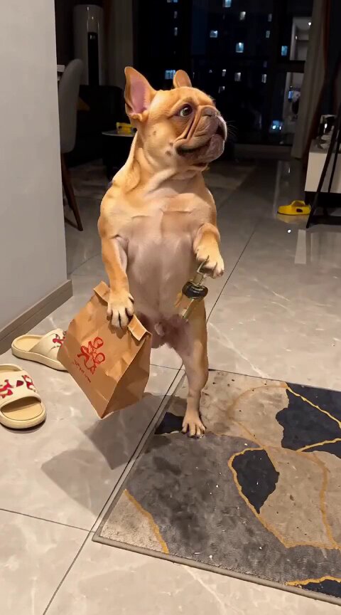 法国斗牛犬直立回家开门