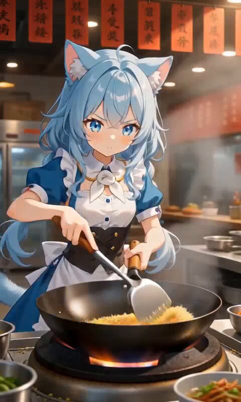猫耳厨师完成一盘炒饭