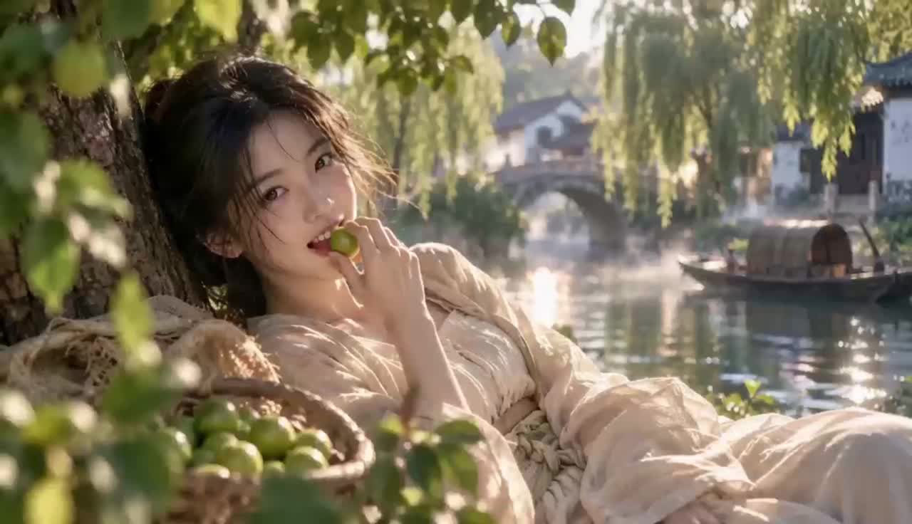 夕阳下轻咬青枣的女孩