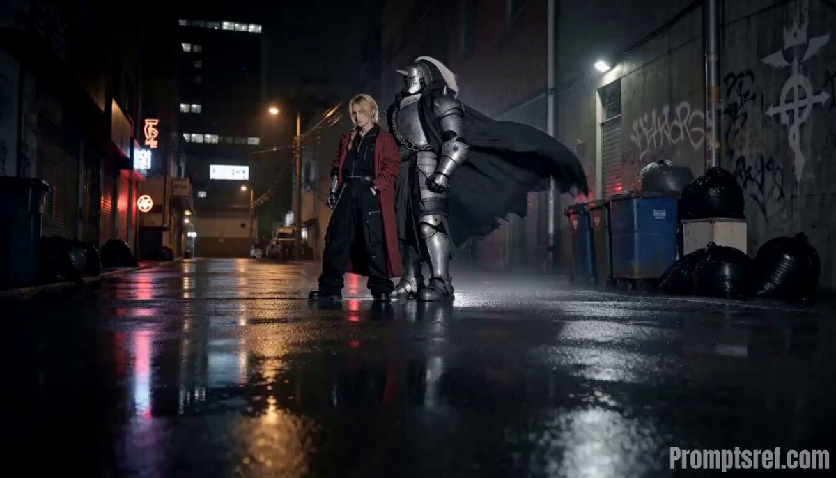 A red-coated figure and an armored partner in rain