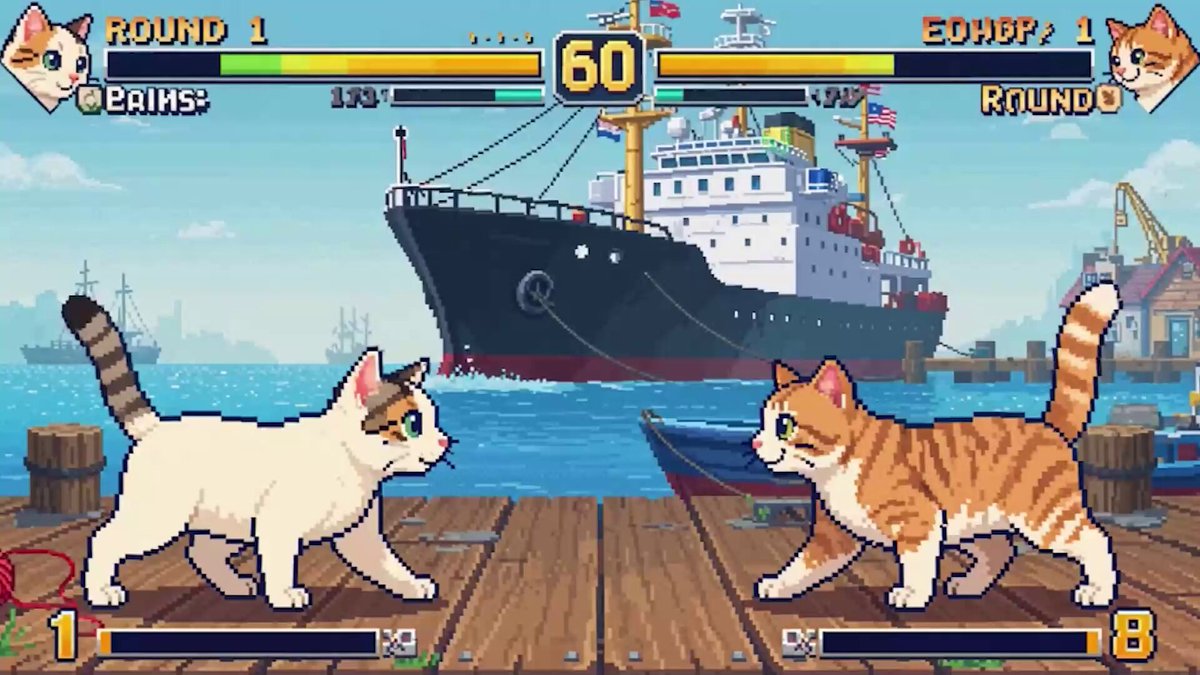 Pixel cats battle at the harbor