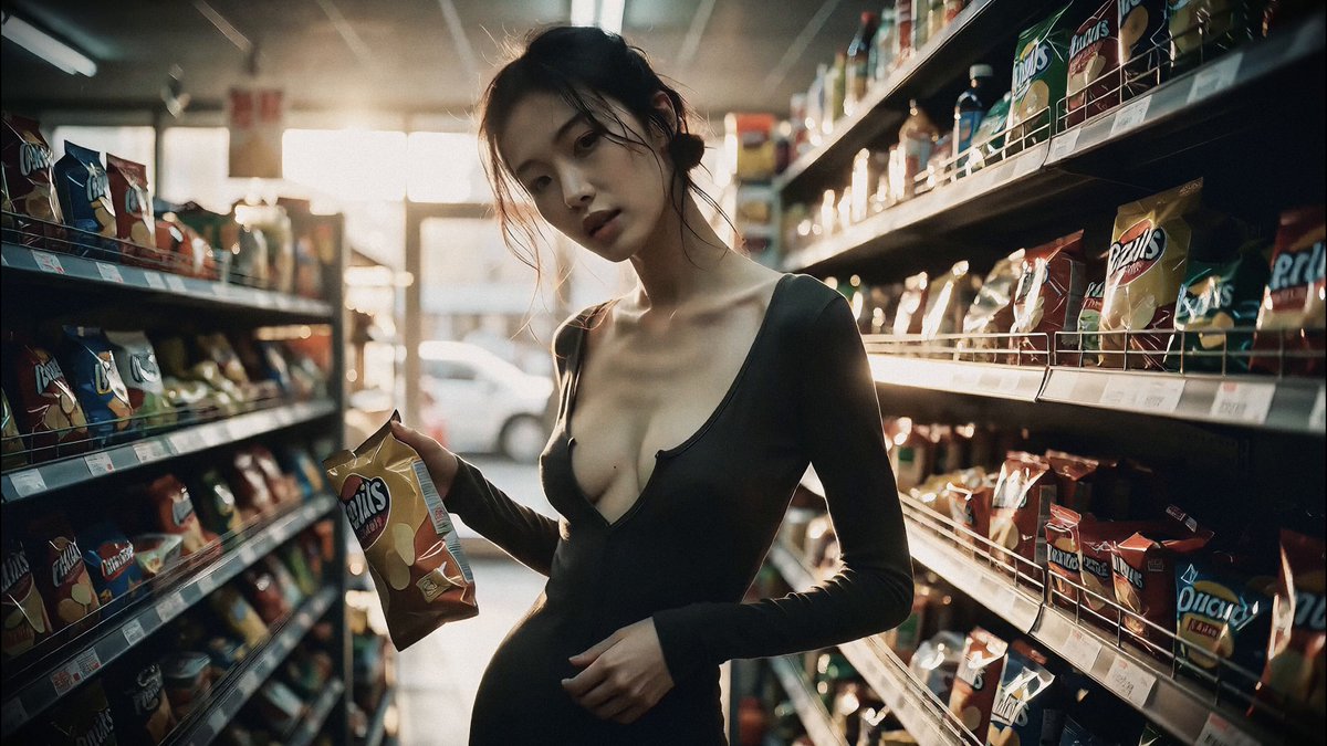 Choosing a snack in a sunlit convenience store