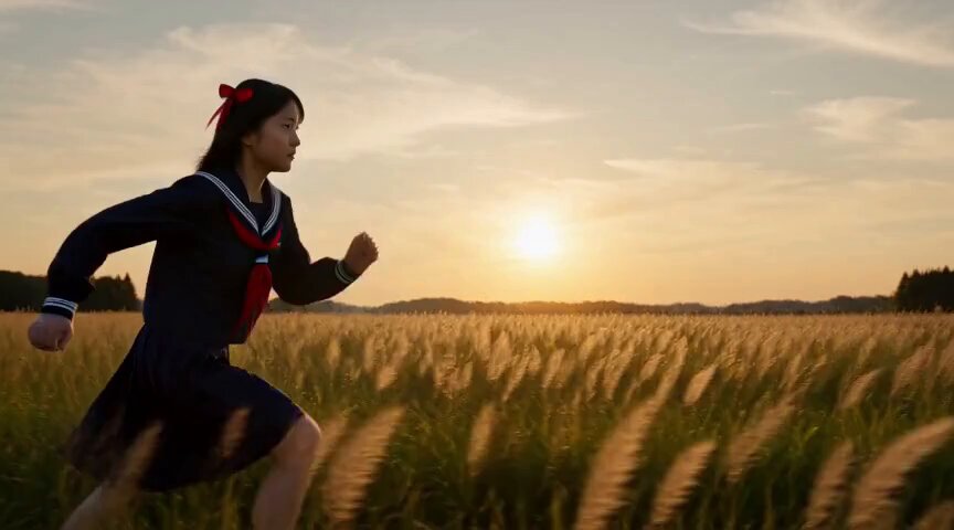 A girl runs into sunset and transforms into a phoenix