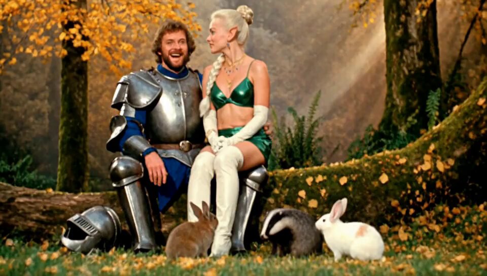 A knight tells an elf a story in an autumn forest