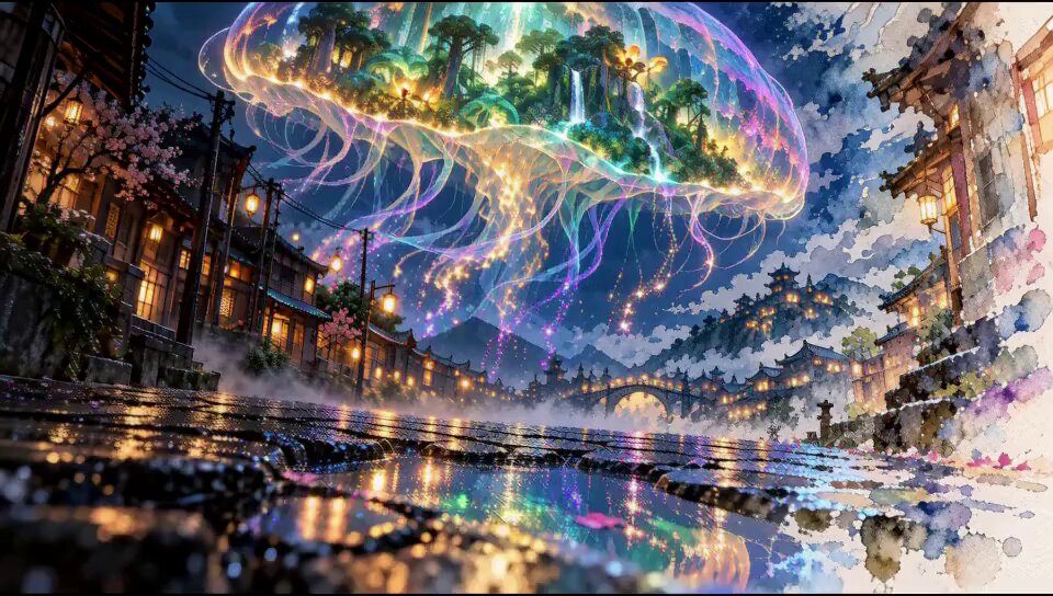 A Luminous Jellyfish Drifts Above a Rainy Street