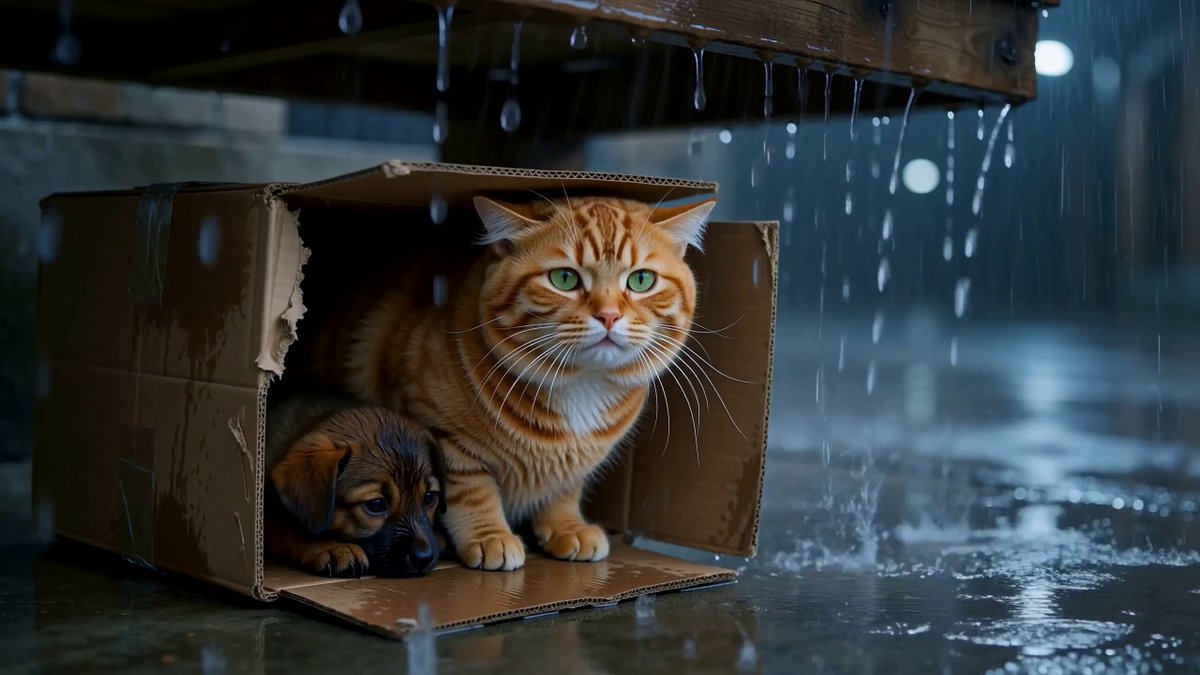 猫与幼犬在雨中相遇