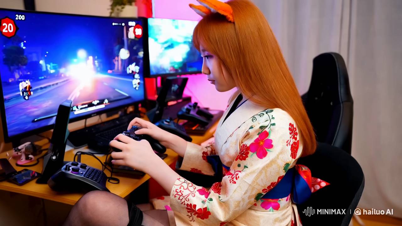 Fox-Eared Gamer-Girl in Elegant Japanese Dress