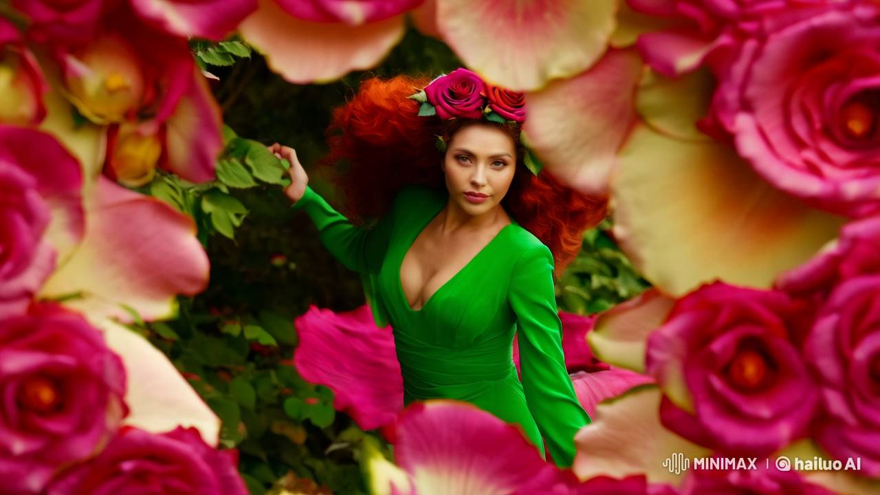 Woman as Rose Embodiment in Ethereal, Verdant Portrait