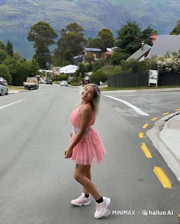 Happy Girl in Pink Dress Spins by Scenic Lakefront
