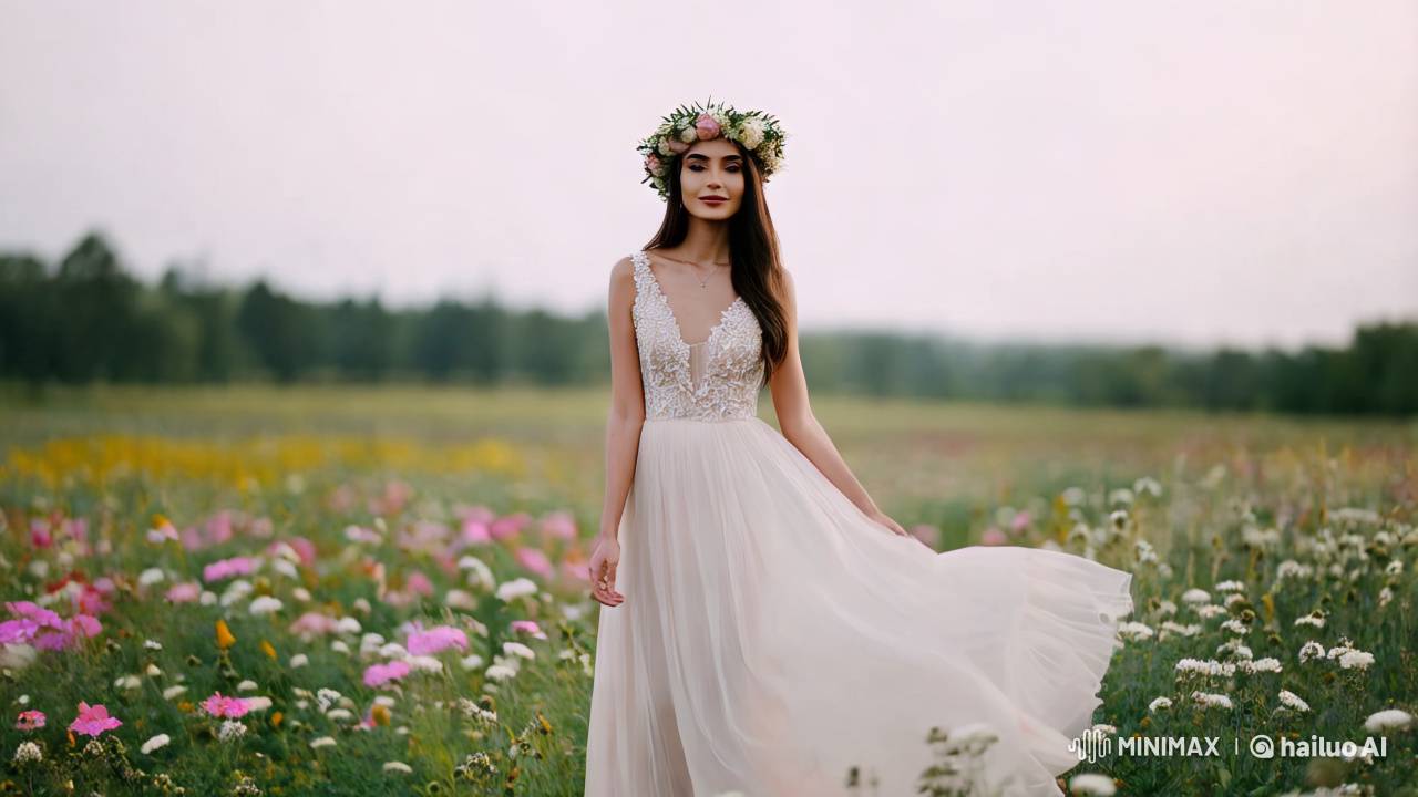 Serene Beauty in Flowery Field with Flower Crowned Woman