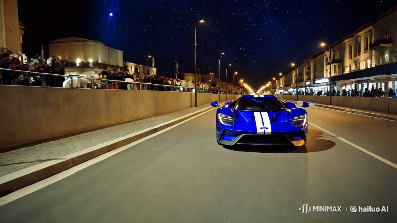 Ford GT 40 in Sleek Blue Races Through Modern Night Streets