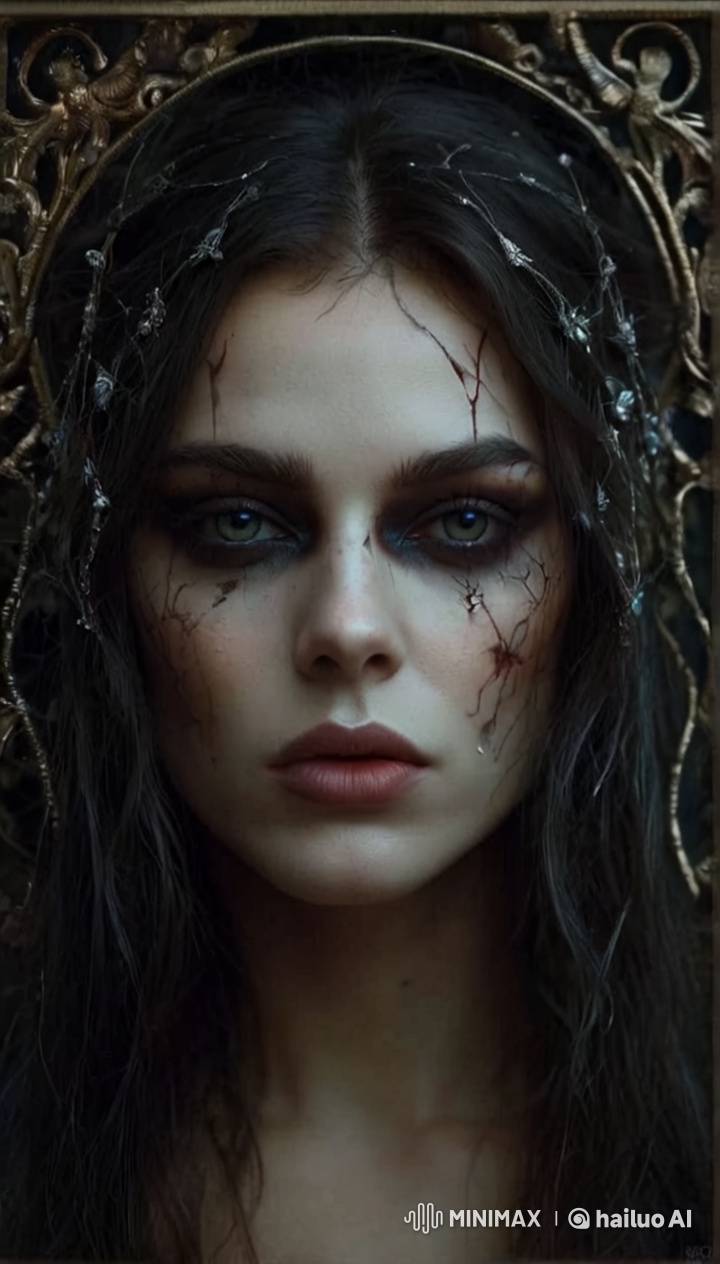 Gothic Woman with Ethereal Makeup and Mysterious Smile