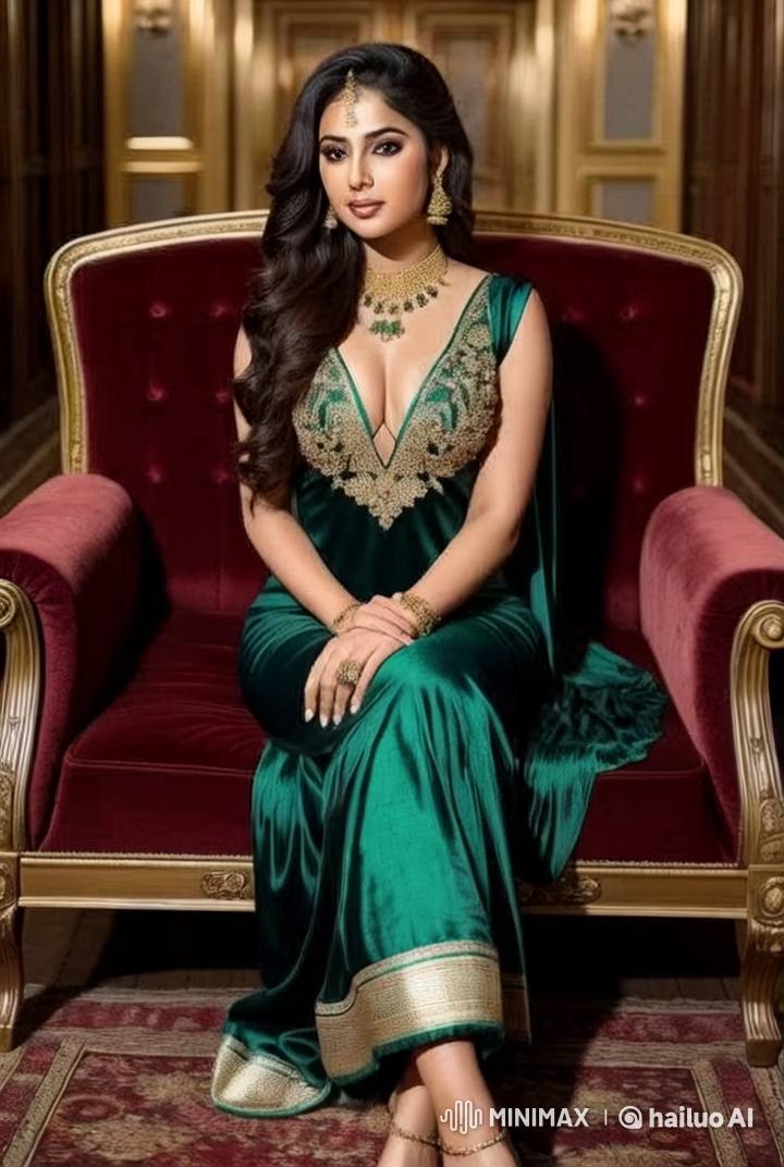 Elegant Girl in Green Gown on Red Sofa