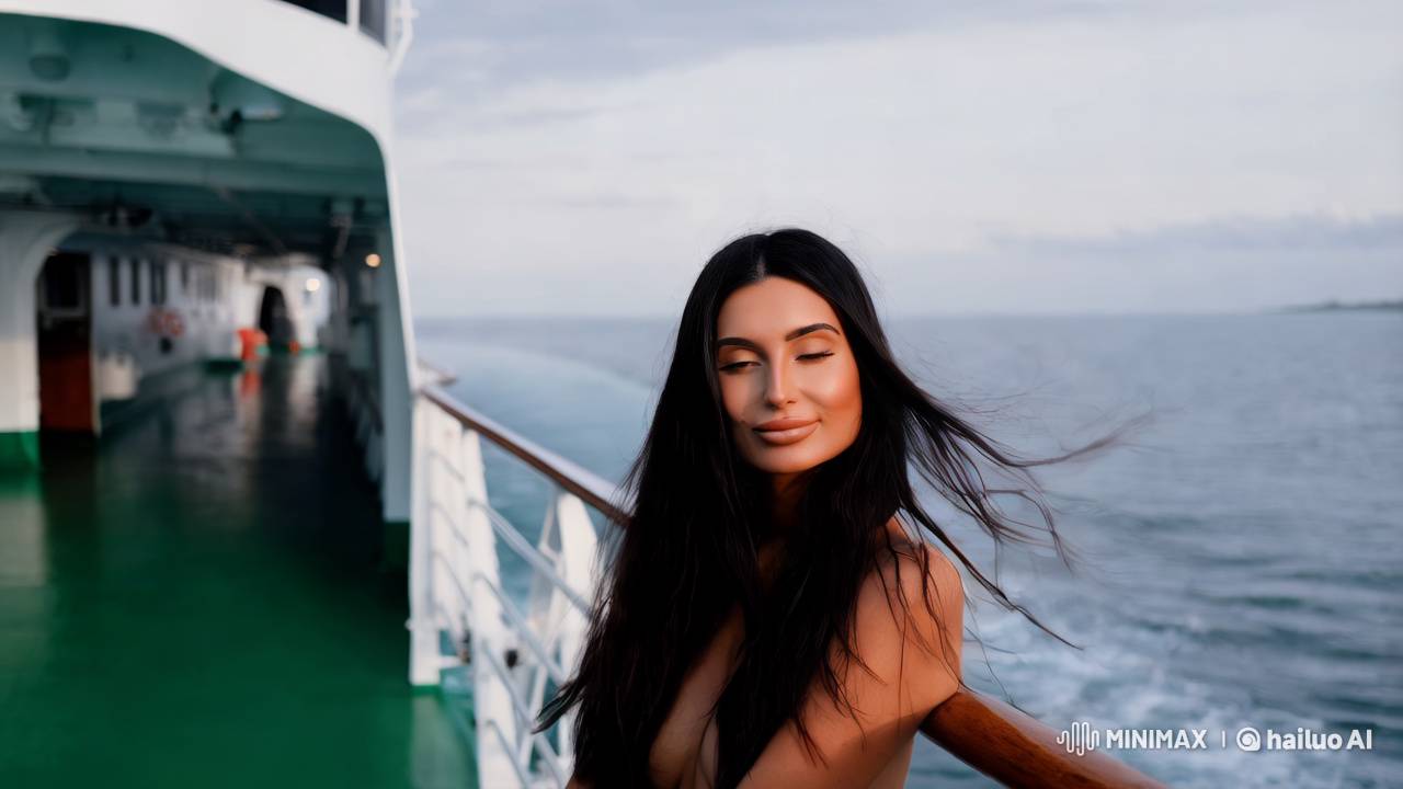 Aesthetic Cinematic Scene: Woman on Ferry with Serene Beauty