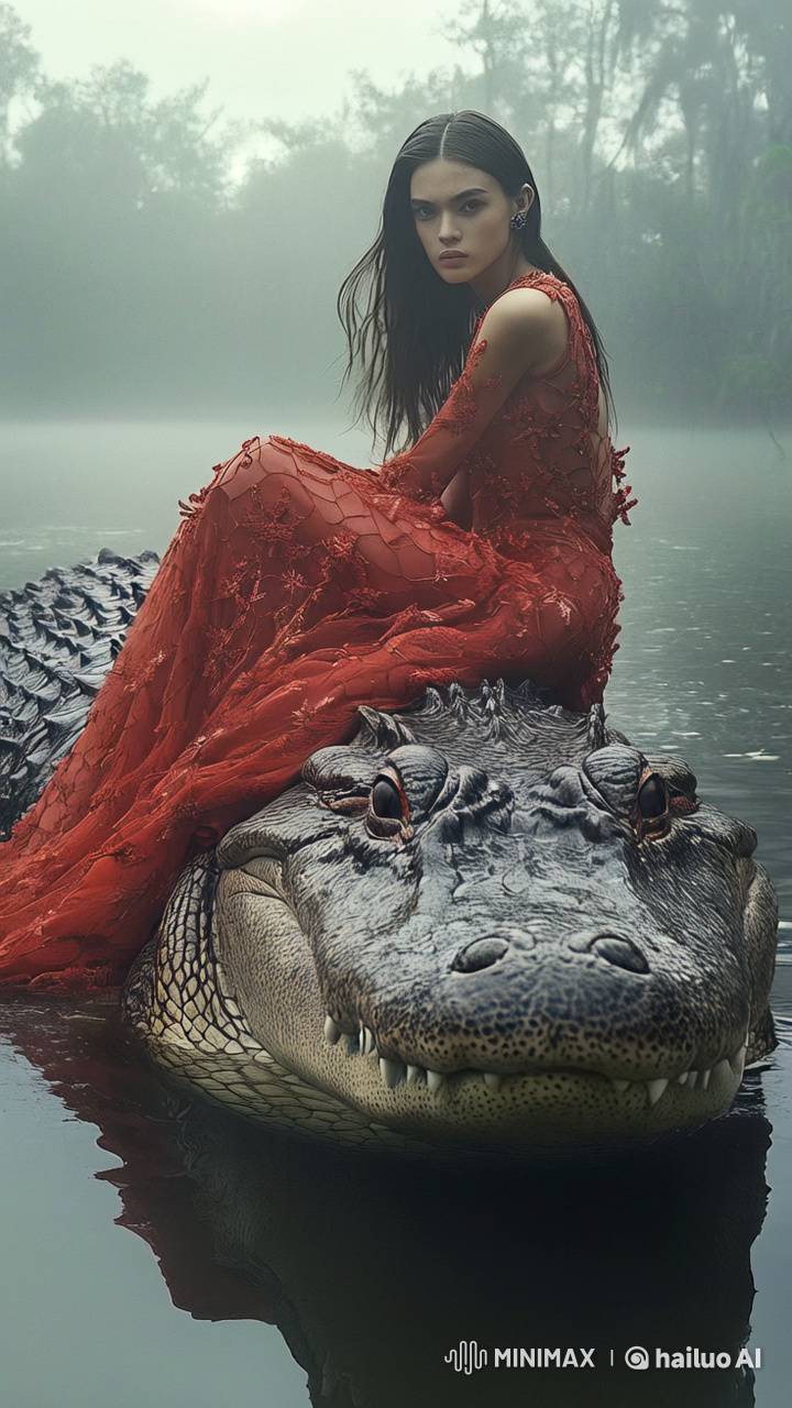 Girl with Red Dress on Crocodile: Elegance Meets Danger