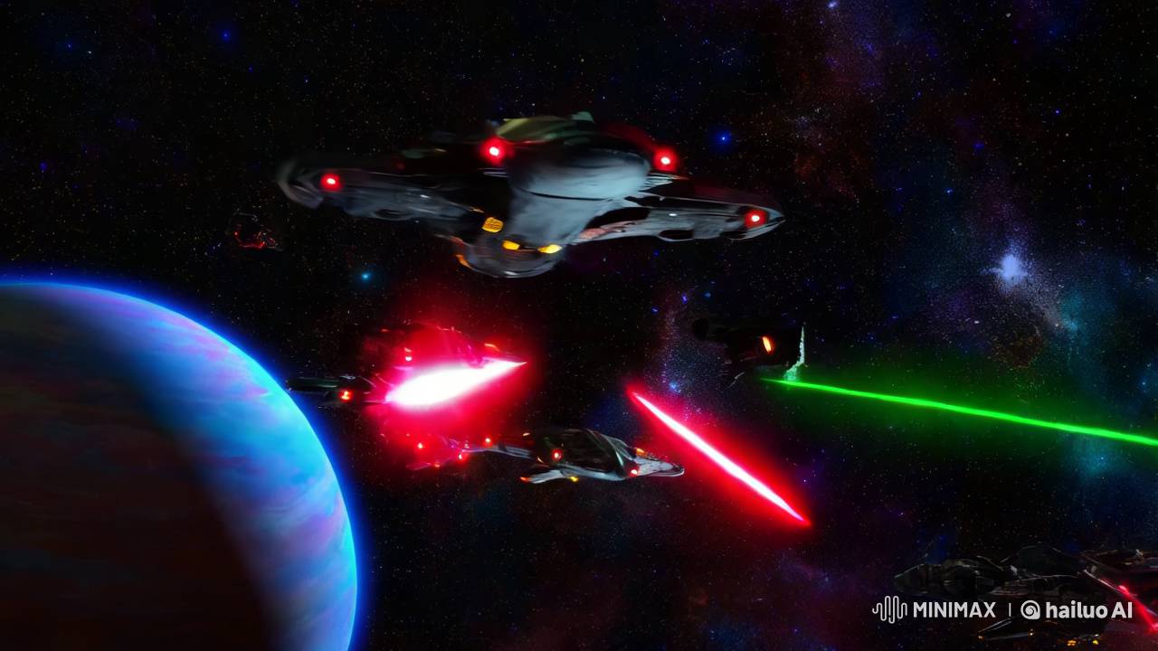 Space Battle and Neon Planet Sign in Epic Cinematic Sequence