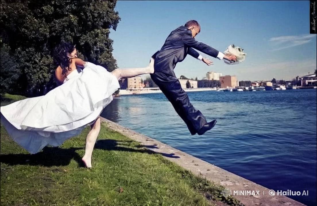 Bride Kicks Groom into River at Wedding