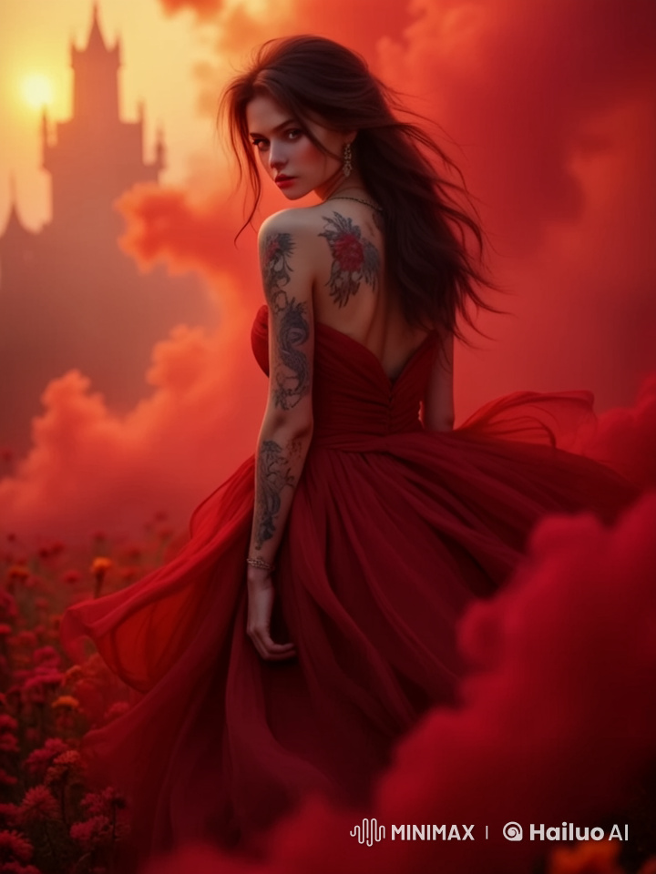 Mysterious Journey: Woman in Red Dress to Majestic Castle