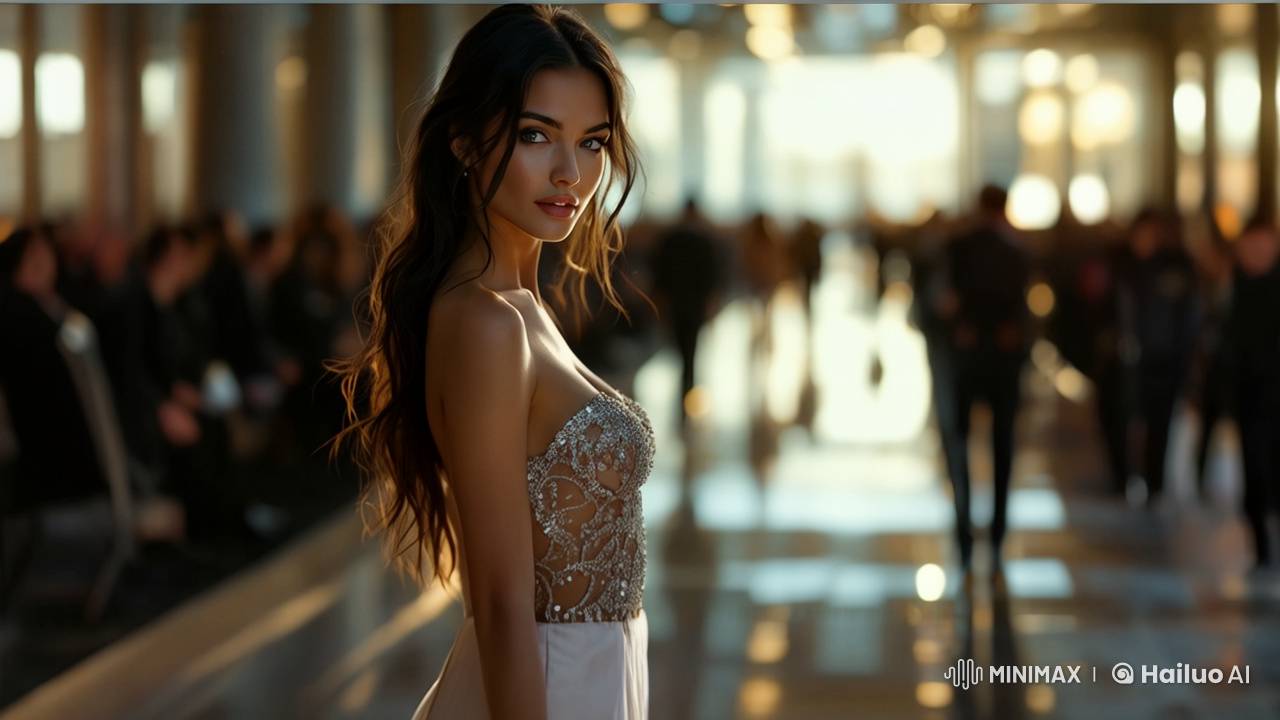 Elegant Woman Strides Confidently in Sparkling Dress