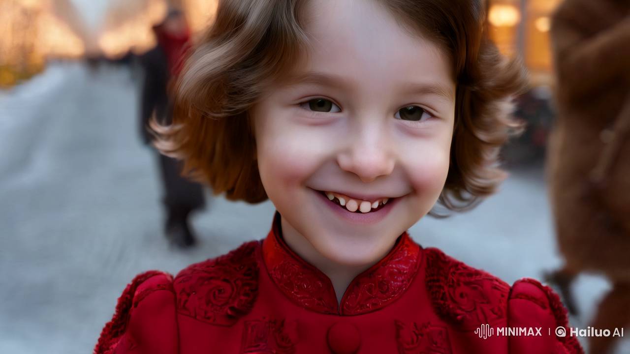 Young Girl in Red Dress on Festive Christmas Boulevard