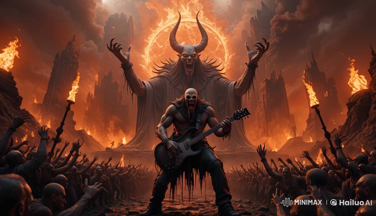 Heavy Metal Protagonist in Fiery Hell Landscape