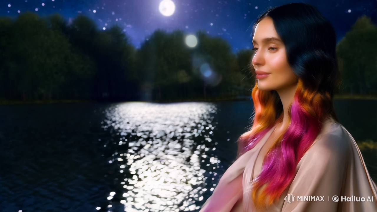 Arina Reflects in Moonlit Lake: Cinematic Serenity