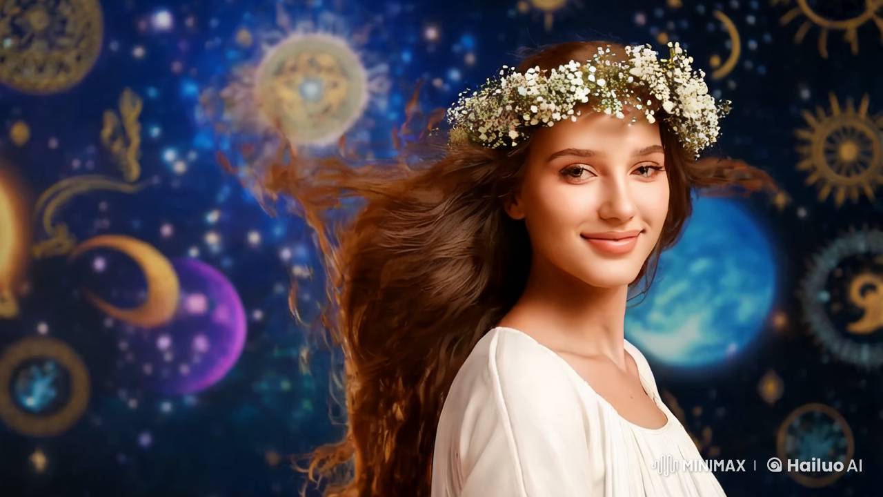 Young Woman in Greek Tunic Amidst Cosmic Beauty