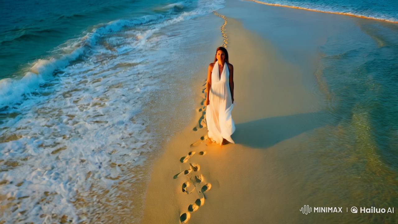 Hopeful Woman in Flowing Dress on Tropical Beach