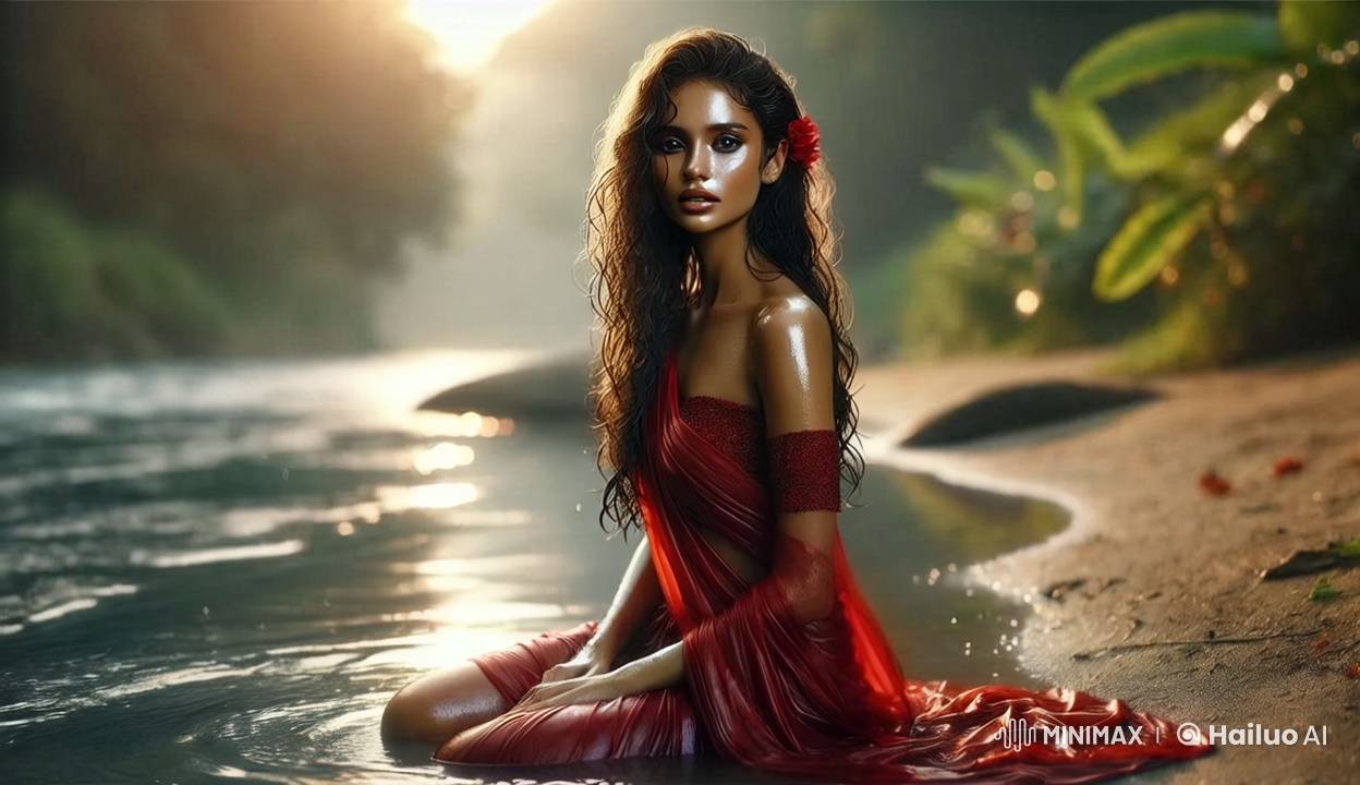 Girl in Red Dress Enjoying Serenity by River