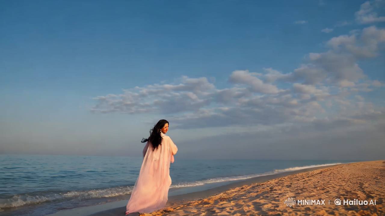Joyful Woman in Ethereal Dress Runs on Tranquil Beach