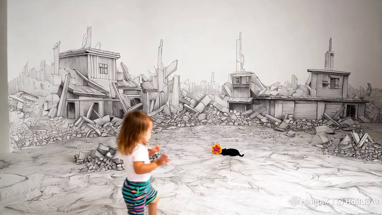 Poignant Scene: Girl, Clay Flower, Cat in War Zone