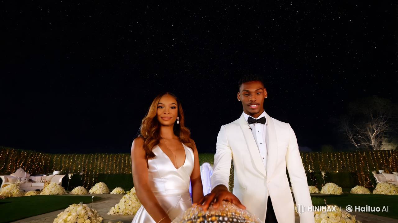 Elegant Couple Celebrates with Fireworks at Starlit Garden Wedding