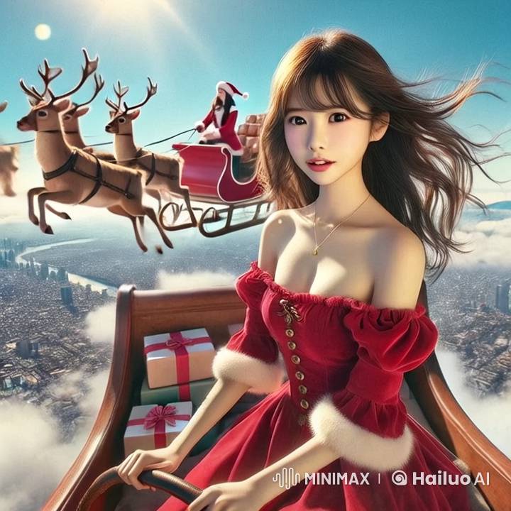 Young Woman in Red Dress Leads Flying Sleigh Past Santa