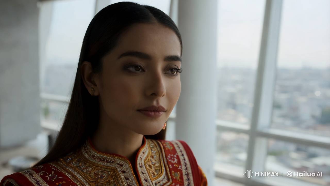 Kazakh Woman's Serene Beauty in Modern Apartment