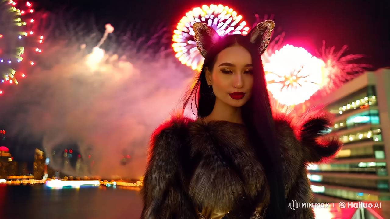 Midnight Fireworks Illuminate Woman in Luxurious Fur Dress