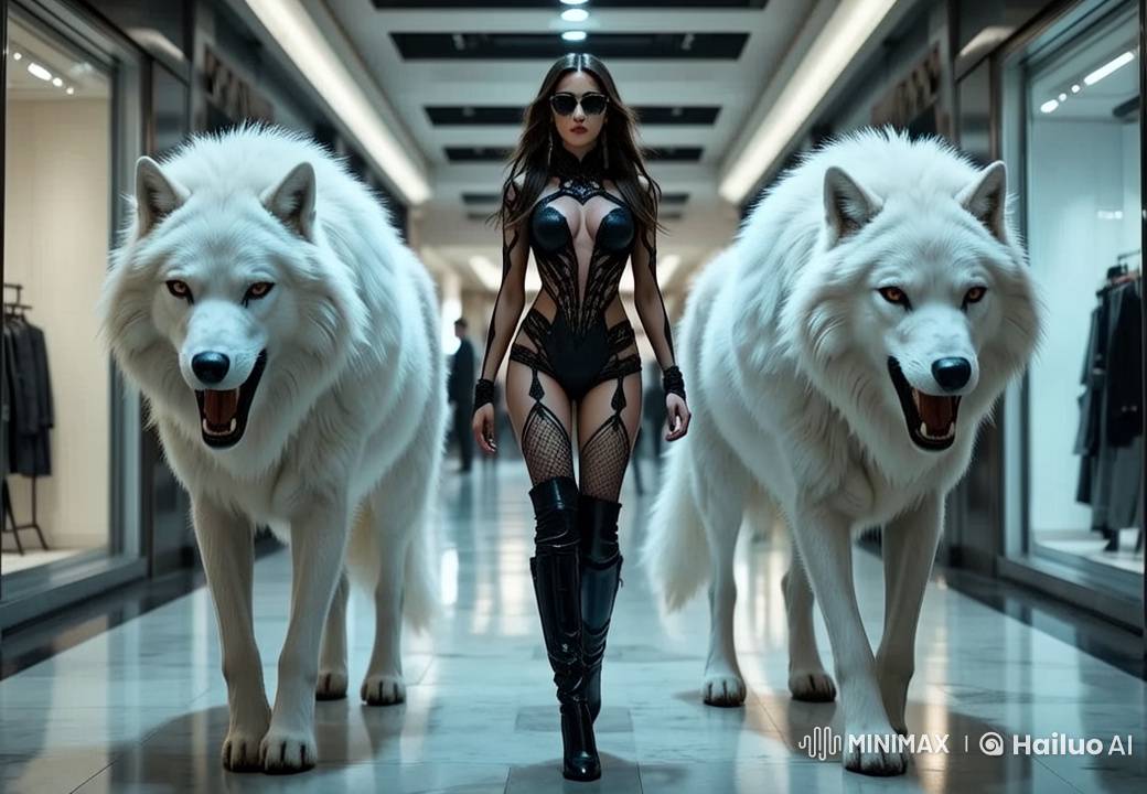High-Tech Fashion and Cybernetic Wolves in Futuristic Mall