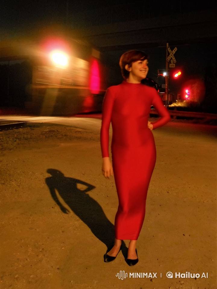 Redhead Woman Awaits Train in Shiny Red Dress