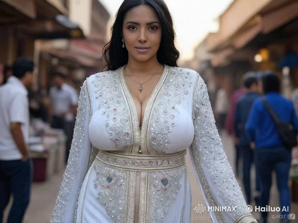 Woman in Ornate Dress Walks Through Bustling Market at Dusk