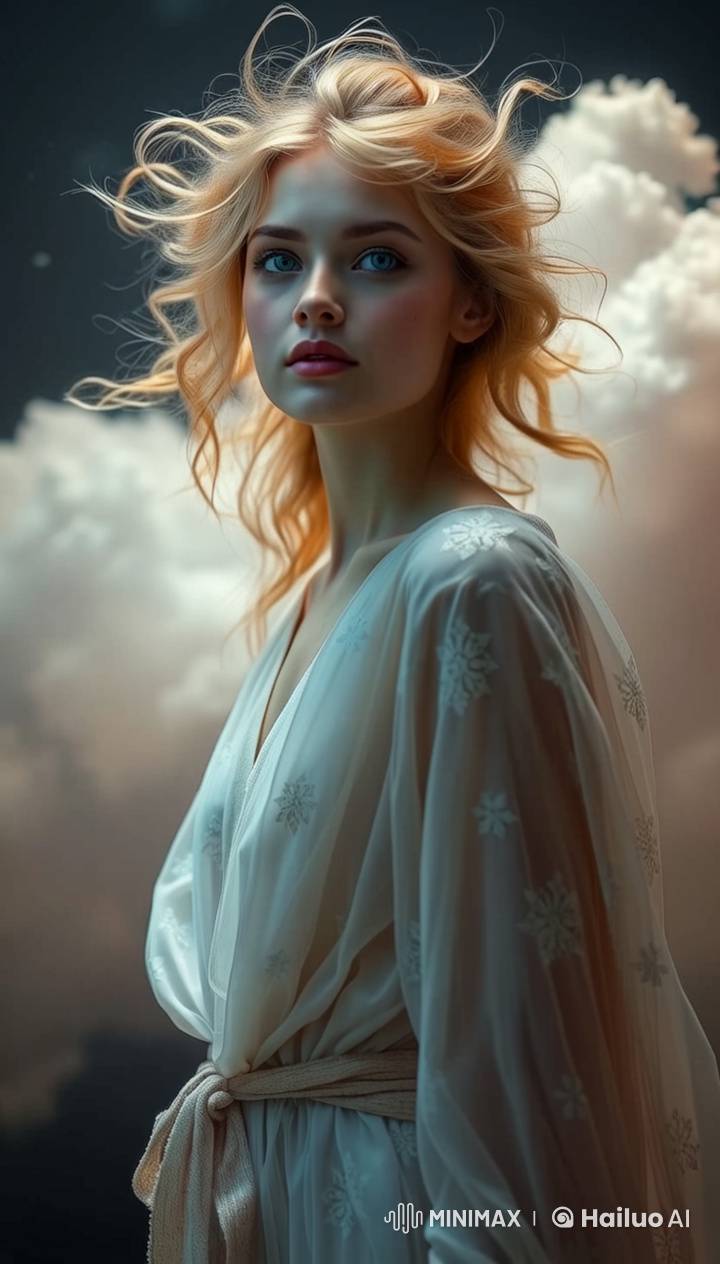 Serene Cloudscape: Live2D Girl in Flowing Dress