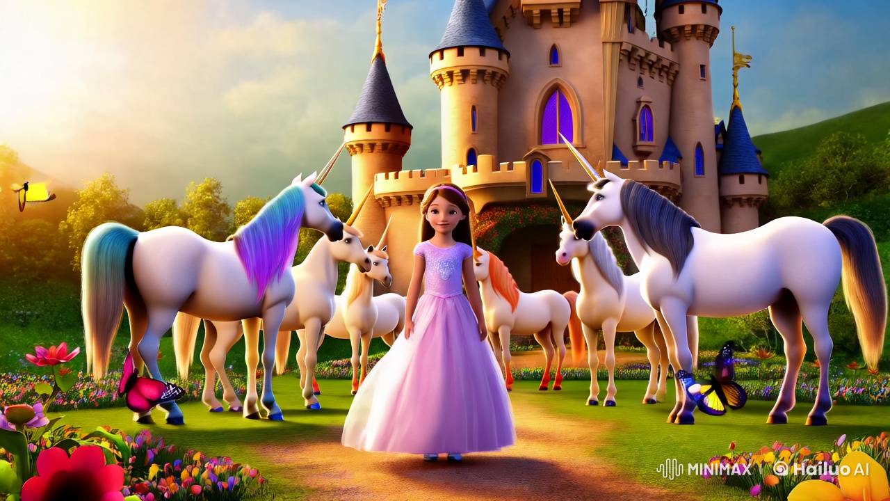 Girl in Pastel Gown Amidst Fairytale Castle and Unicorns