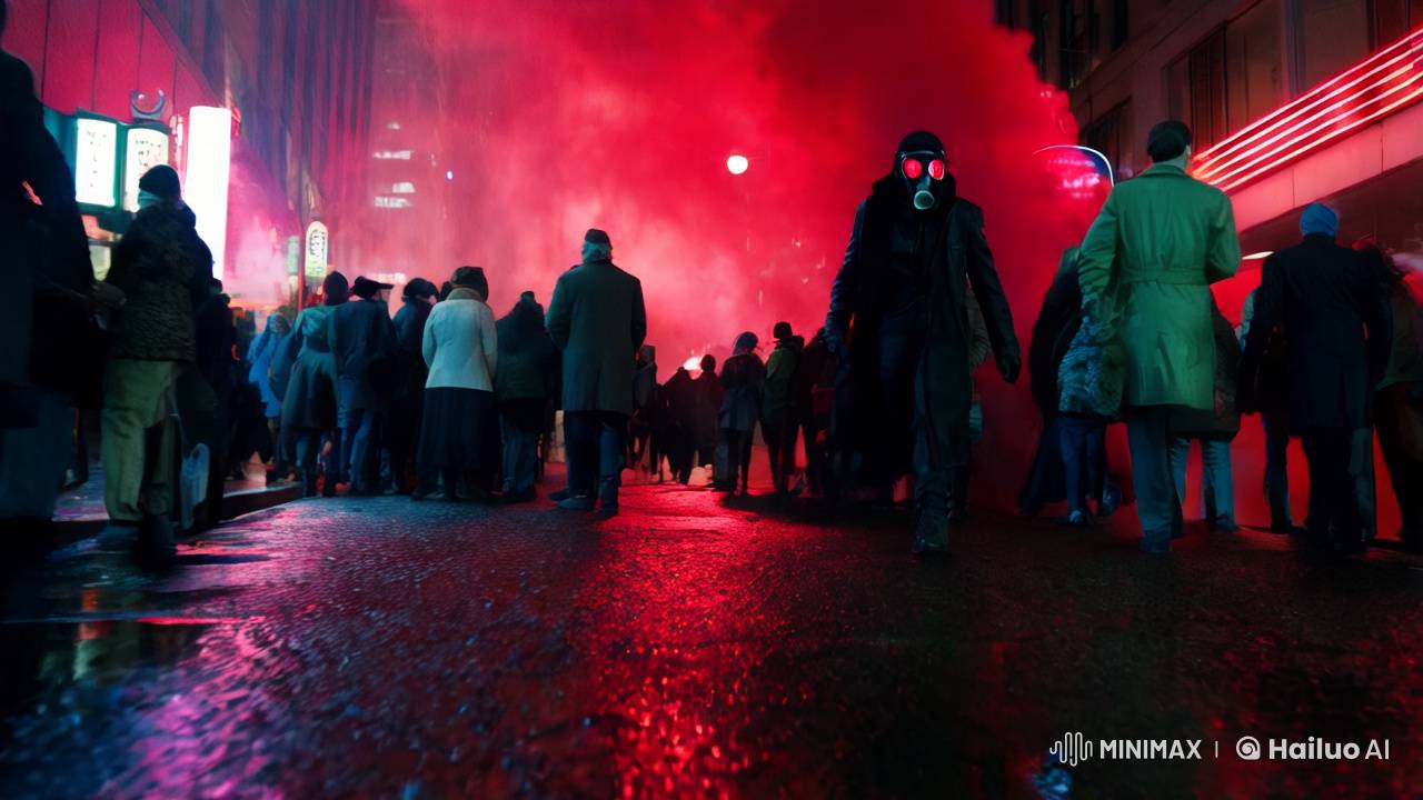 Isolated Figure in Red-Hazed Cityscape
