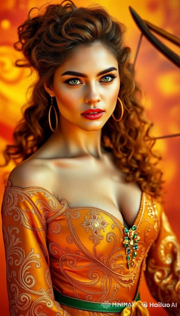 Live2D Animation: Stunning Girl in Golden Dress with Dynamic Flaming Background