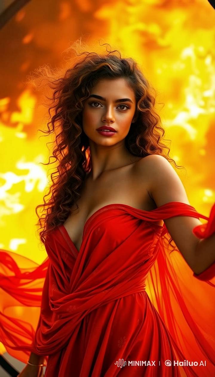 Live2D Animated Short: Girl in Red Dress Amidst Fiery Background