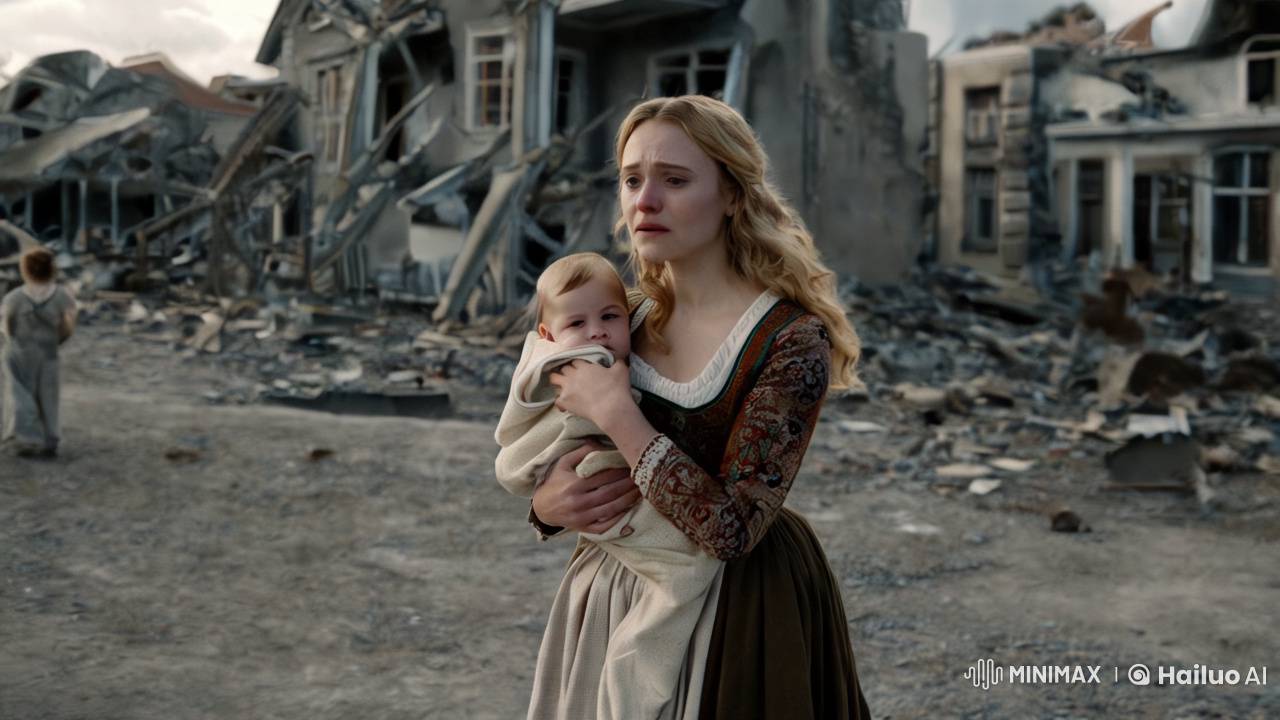 Blonde Woman in Traditional Dress Amidst War Ruins