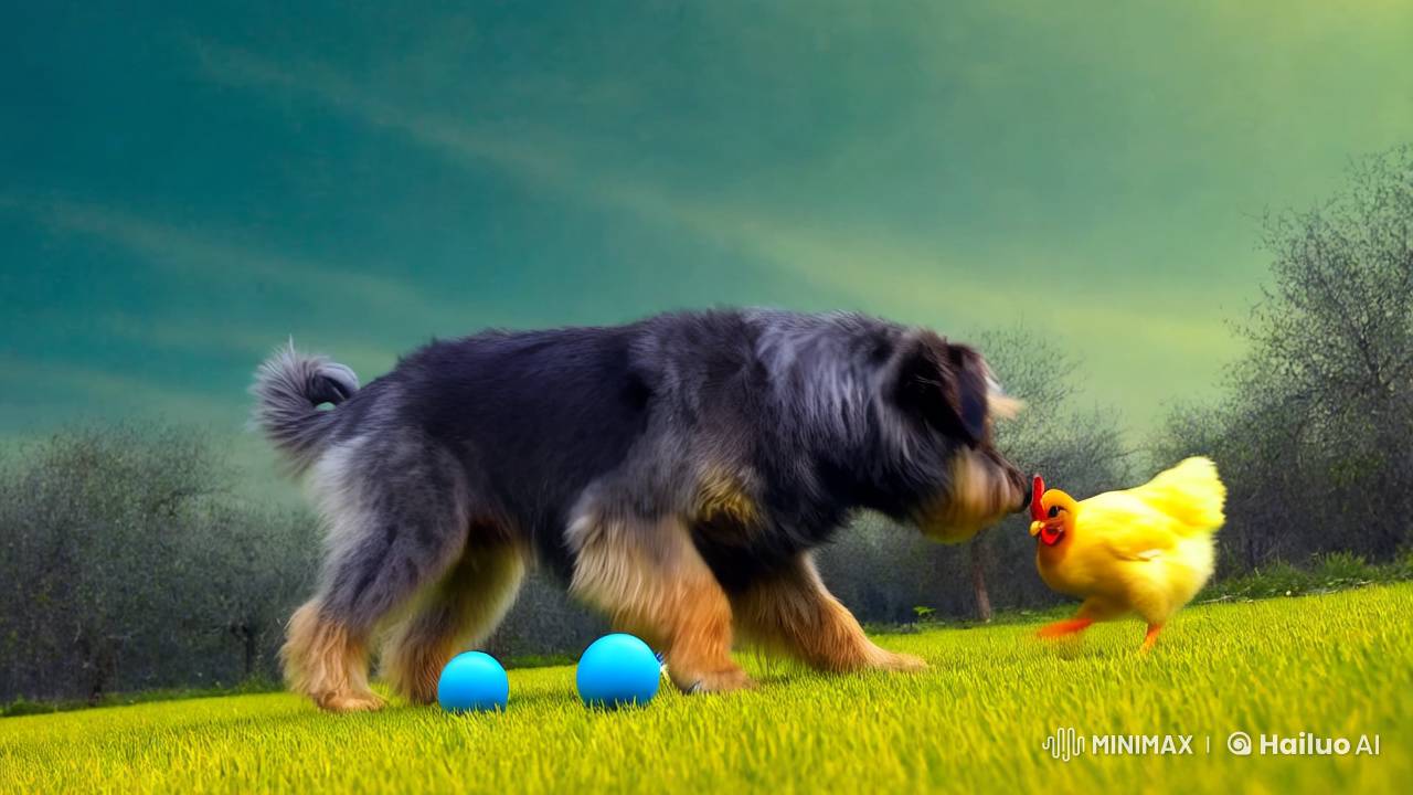 Harmonious Play: Dog, Chicken, and Kitten in Colorful Pastoral