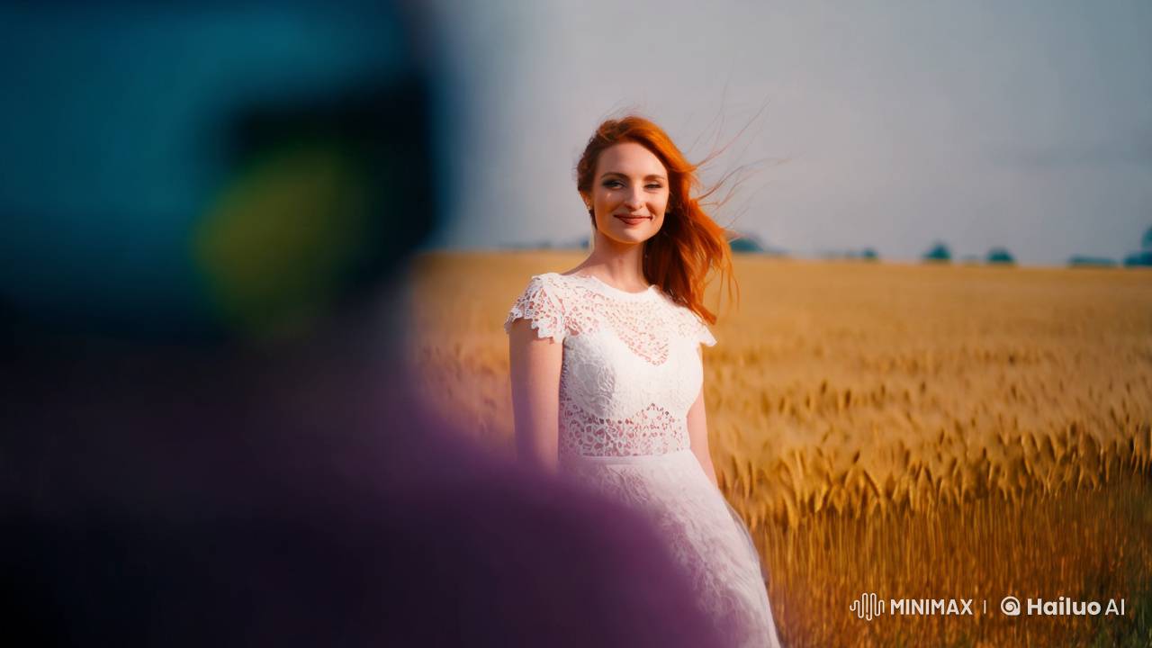 Vibrant Wheatfield: Serene Woman in Lace Dress